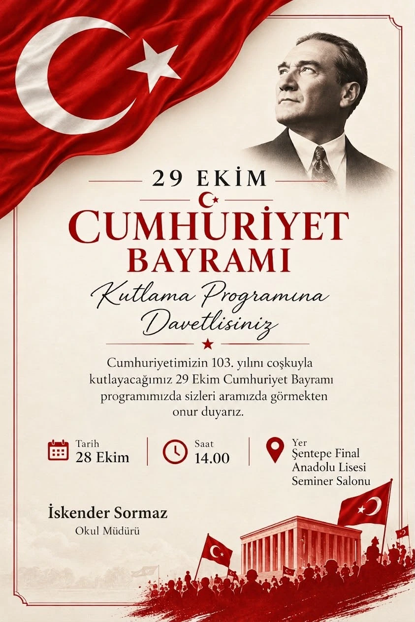 29 Ekim Cumhuriyet Bayramı kutlama programı davetiyesi: 28 Ekim, saat 14.00, Seminer Salonu